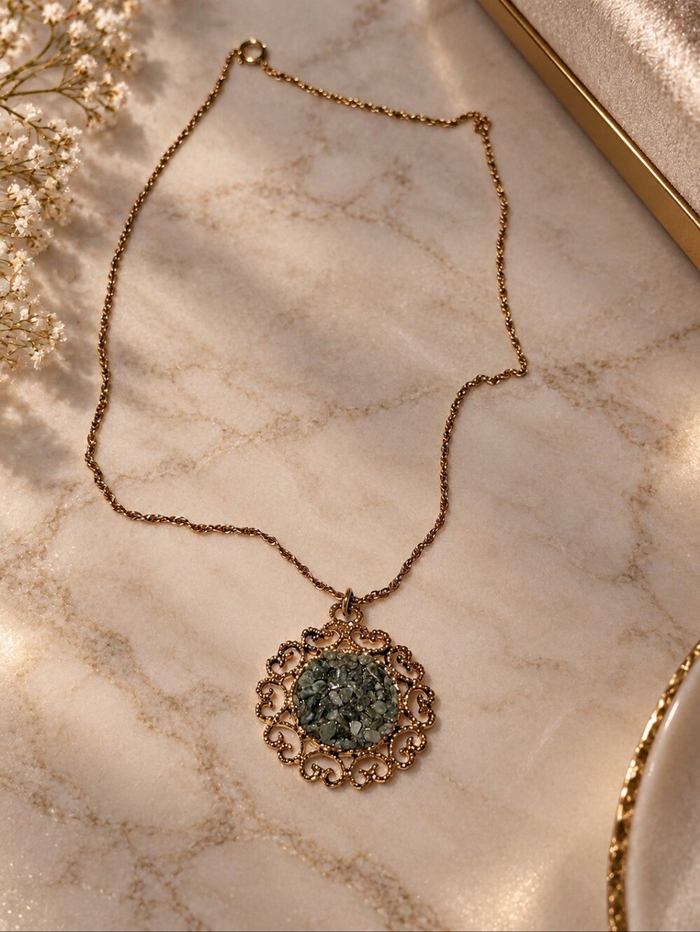 Gold Filigree Pendant Necklace with Green Stone Cluster